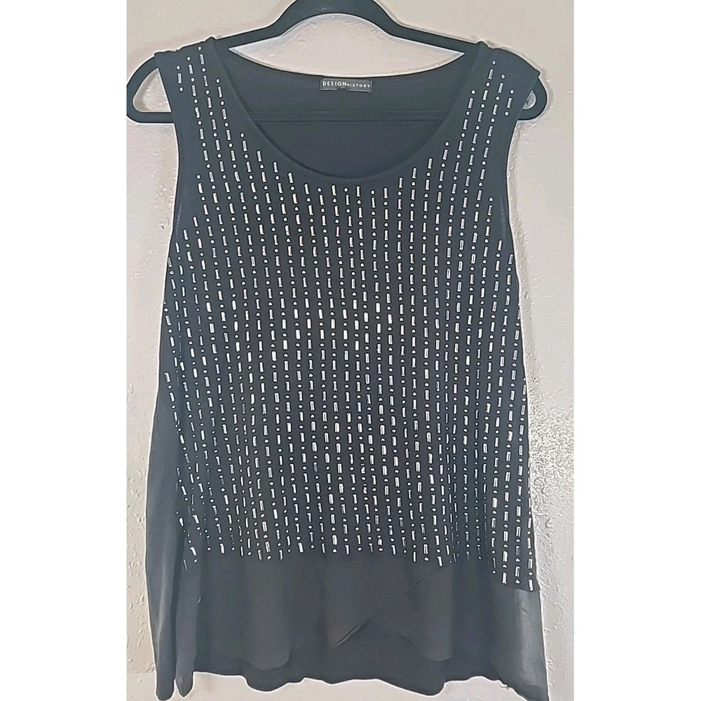 Y2K Design History Women's top Black w/ silver beaded FRONT size M‎ Tanktop
